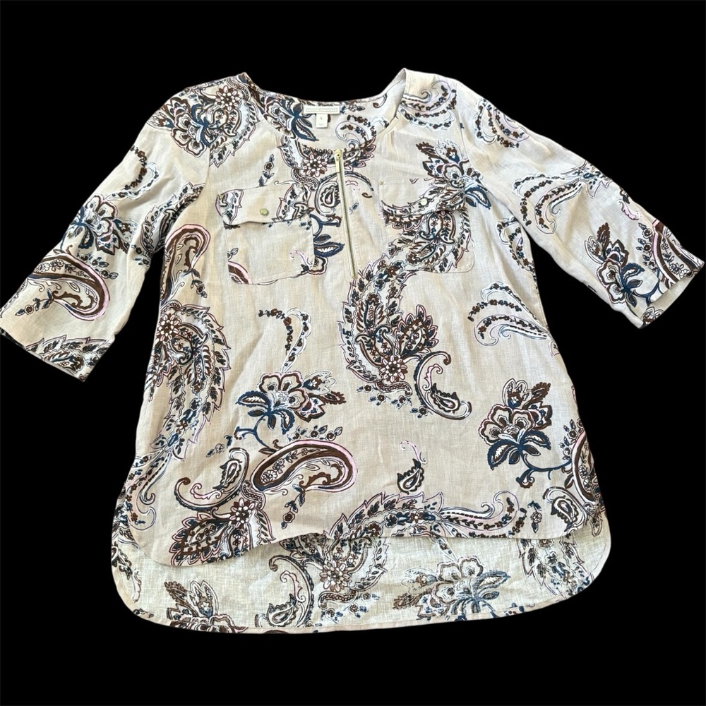 Dana Buchman L linen blend paisley prints tunic 1/4 zip scoop neck blouse pocket